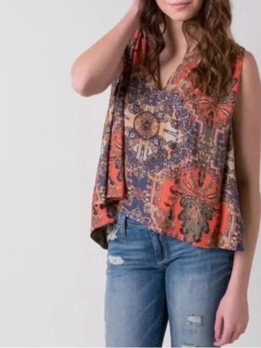 Free People Darcy Sleeveless Paisley Swing Tank Blouse V-Neck Boho Festival